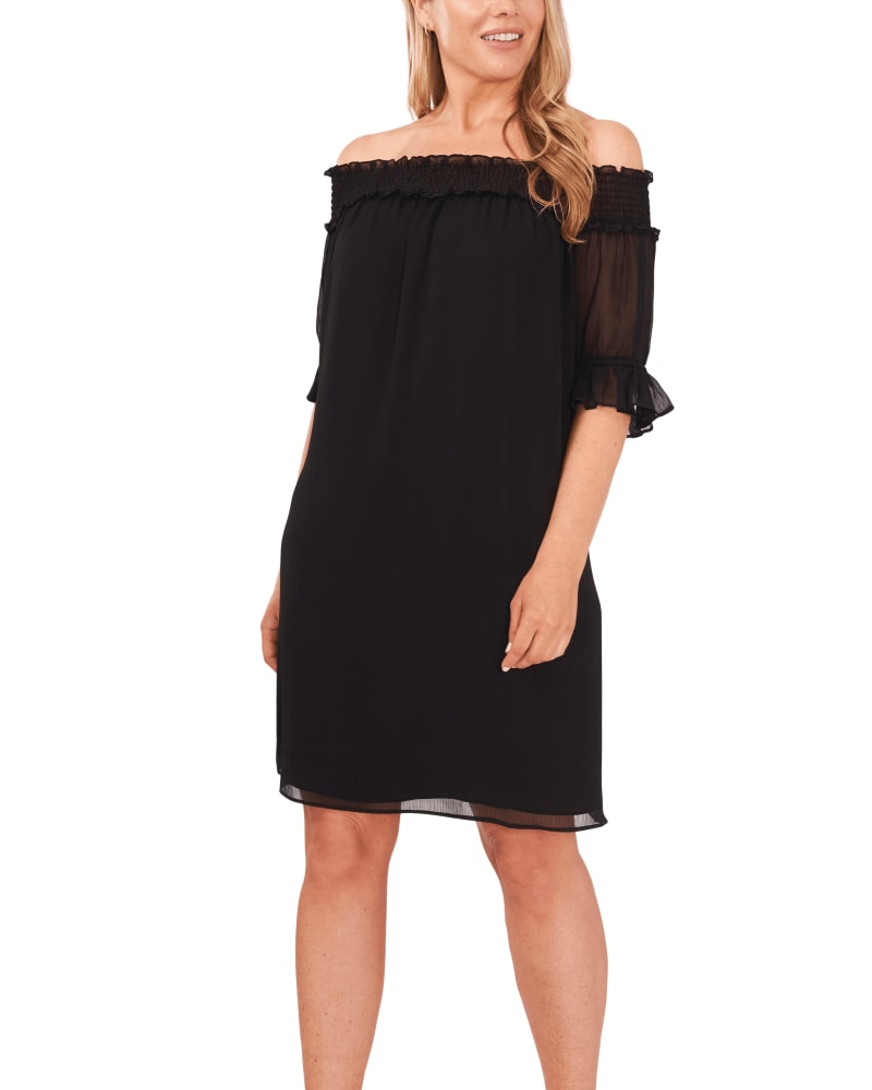 Front of a model wearing a size 1X Serena Off The Shoulder Dress in RICH BLACK by CeCe. | dia_product_style_image_id:263493